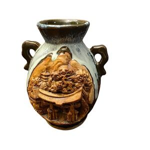 Vintage Japanese Banko Ware Carved 3-D Relief Vase - Pagoda Temple‎